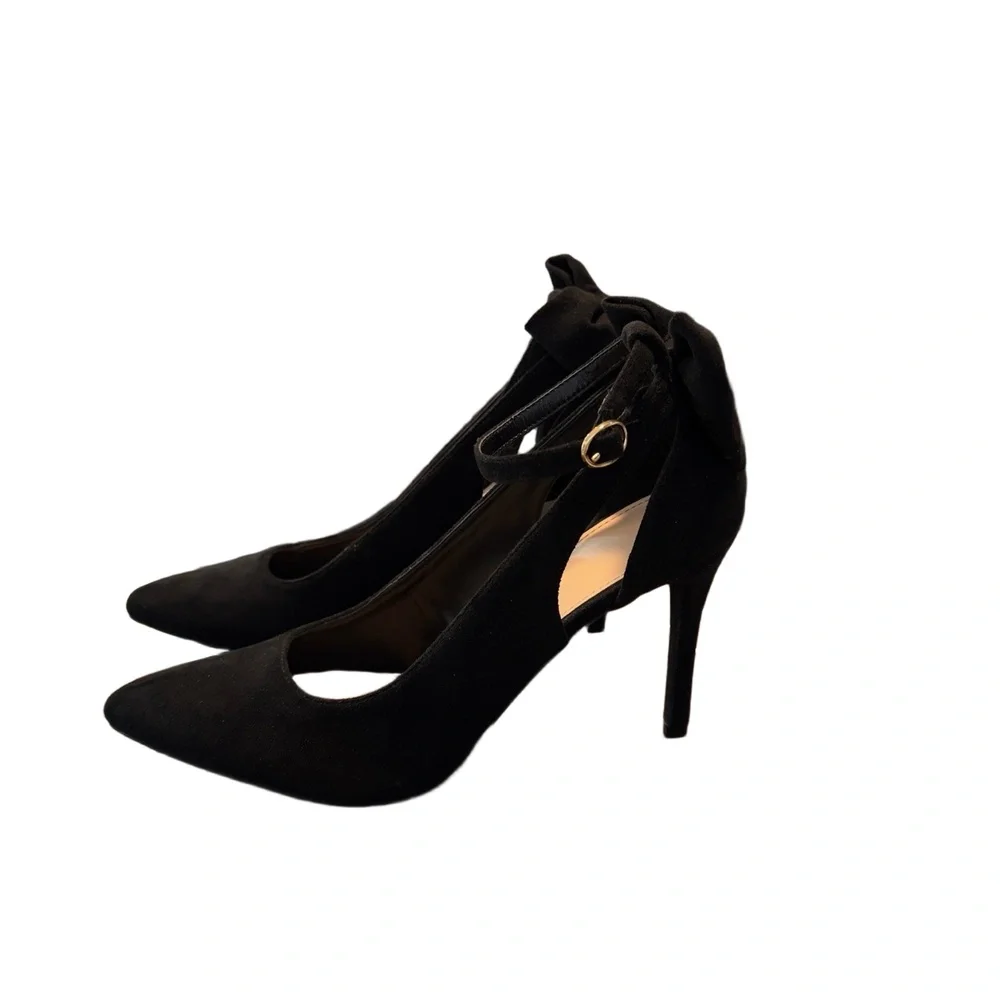 ZBY WM Black Pointed Toe Ankle Strap Bow Detail High Heel Stiletto Heels SZ 10 - Picture 3 of 7